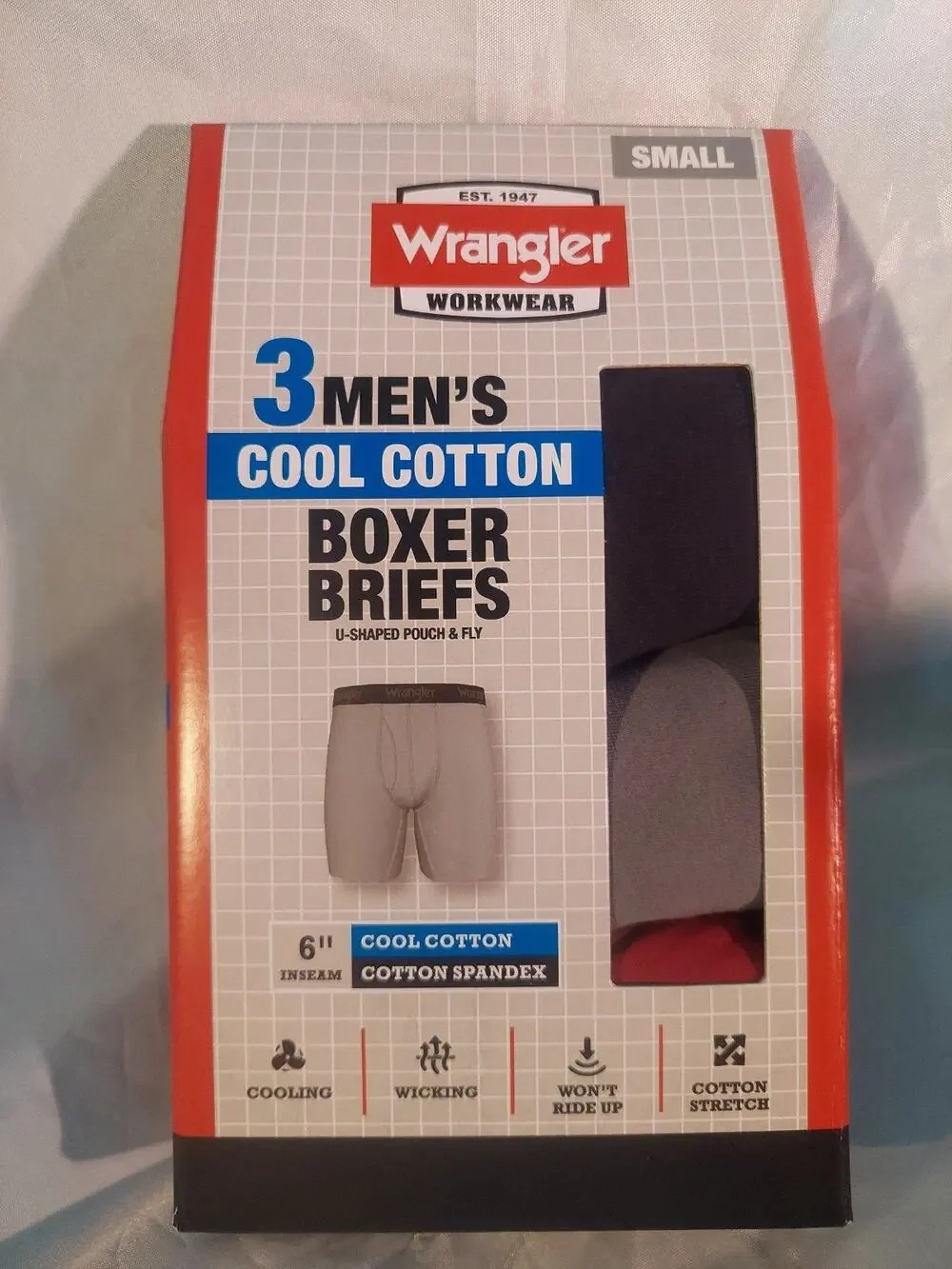 Men's Wrangler Workwear Boxer Briefs 3 Pk. Cool Cotton 6 in. inseam Size Small